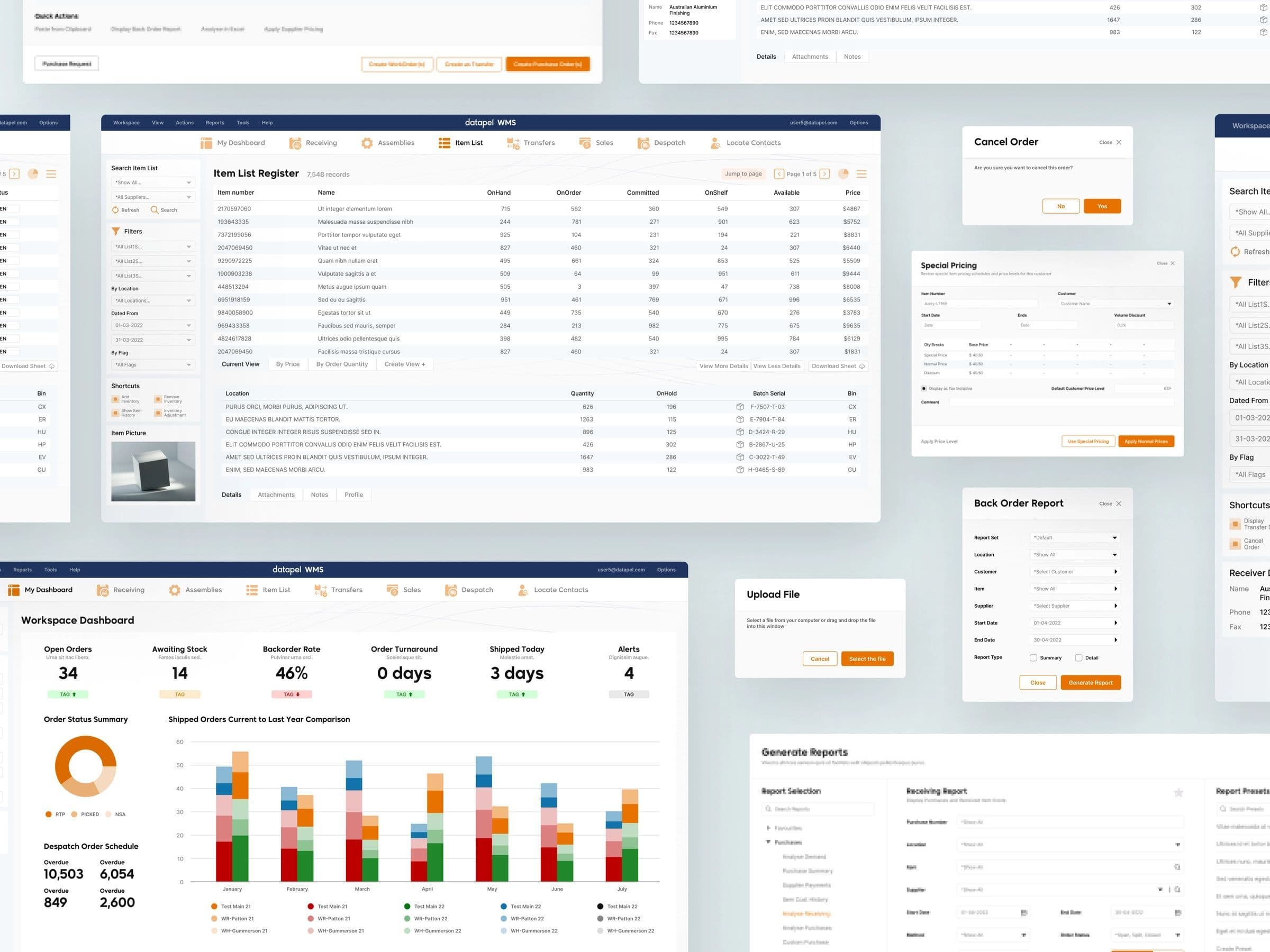 Overview of the redesigned Datapel WMS: the Item List register, the Workspace Dashboard and several report dialogs and popups.
