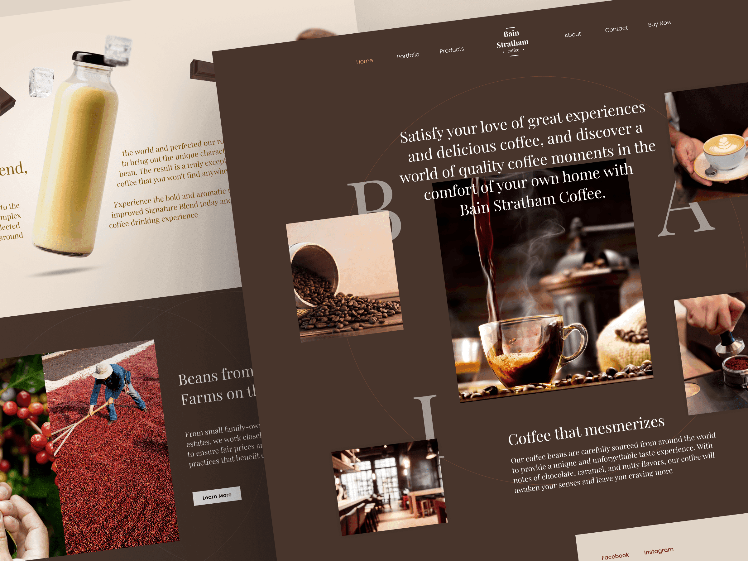 The Bain Stratham's Coffee landing page in deep brown: a pour of coffee, beans and a cup around the headline, with a bottled signature blend beside it.