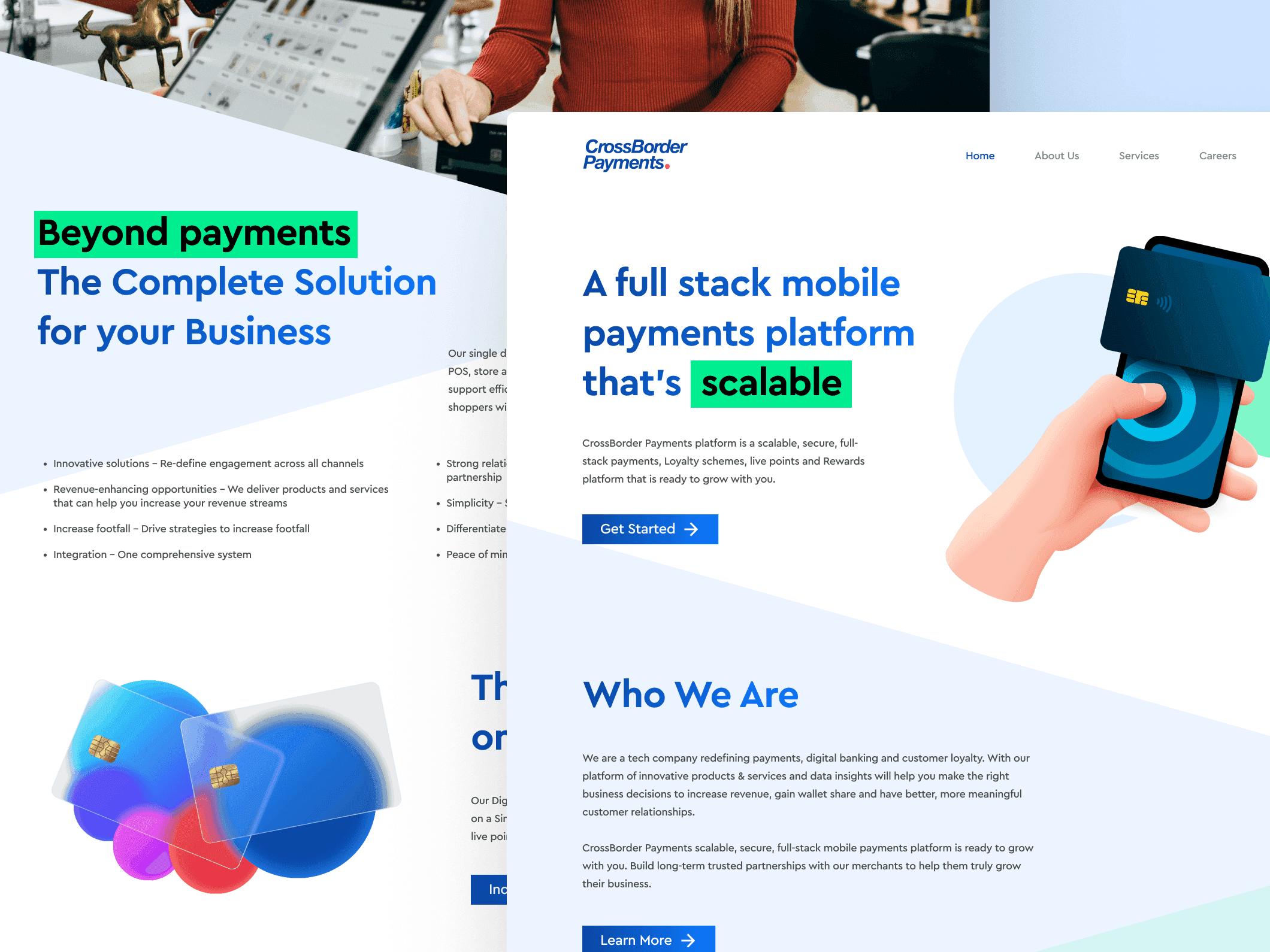 The CrossBorder Payments landing page: A full stack mobile payments platform that is scalable, with a hand holding a card and a phone, and Beyond payments behind it.