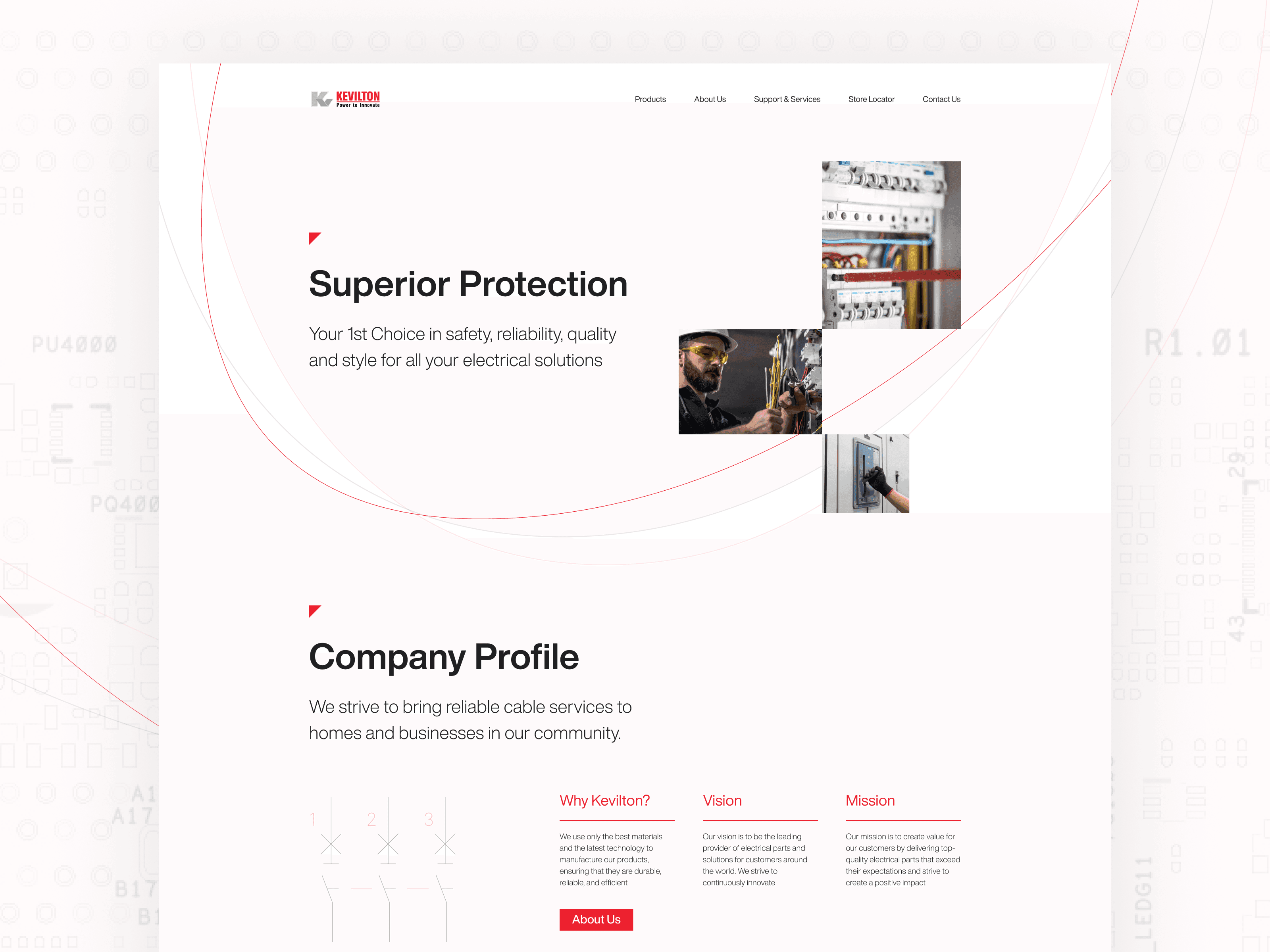 A minimal white and red landing page: Superior Protection, with photographs of switchboards and an electrician, and the company profile below.