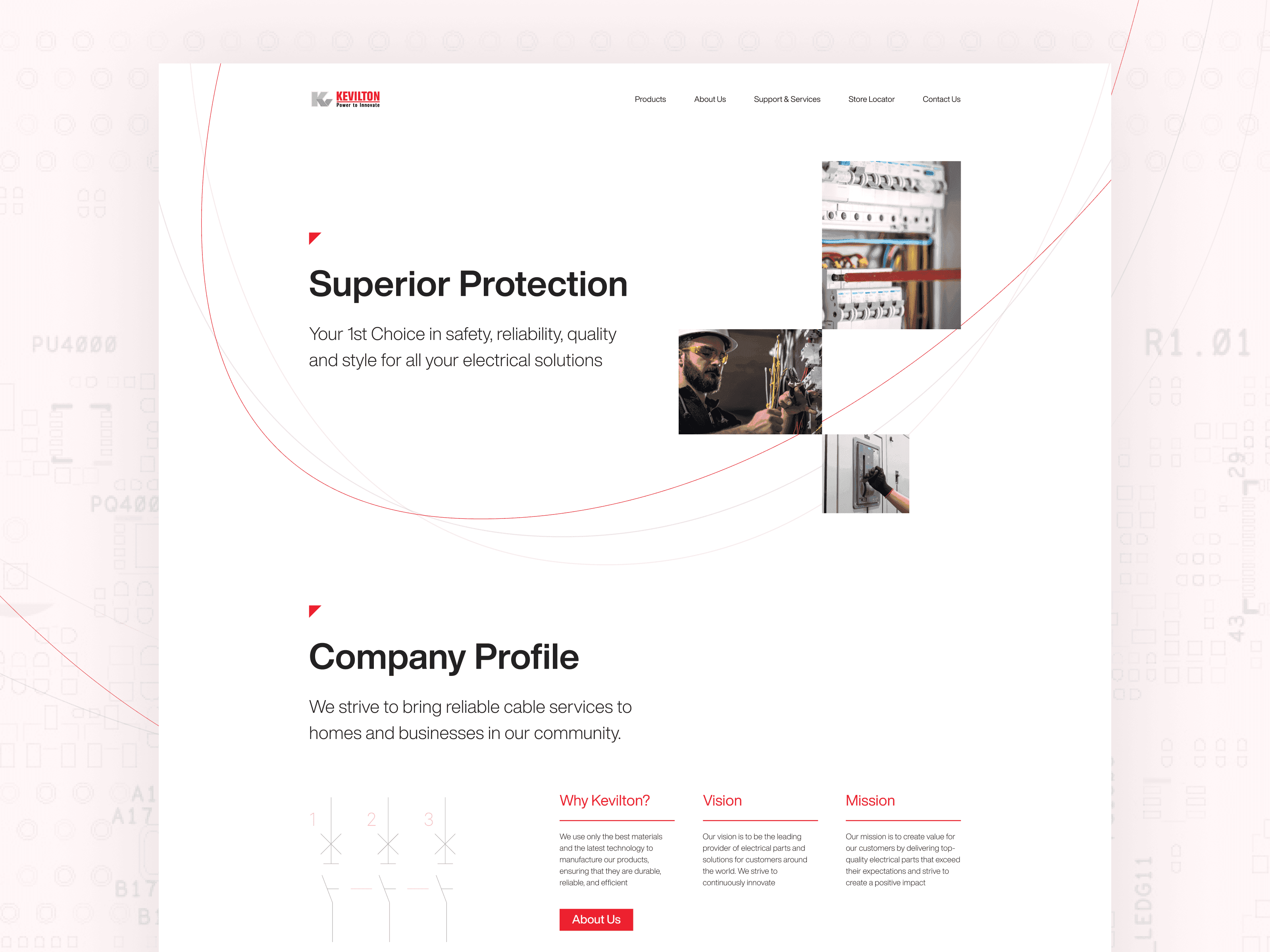 The Kevilton home page in white and red: Superior Protection, with photographs of switchboards and an electrician, and the company profile below.