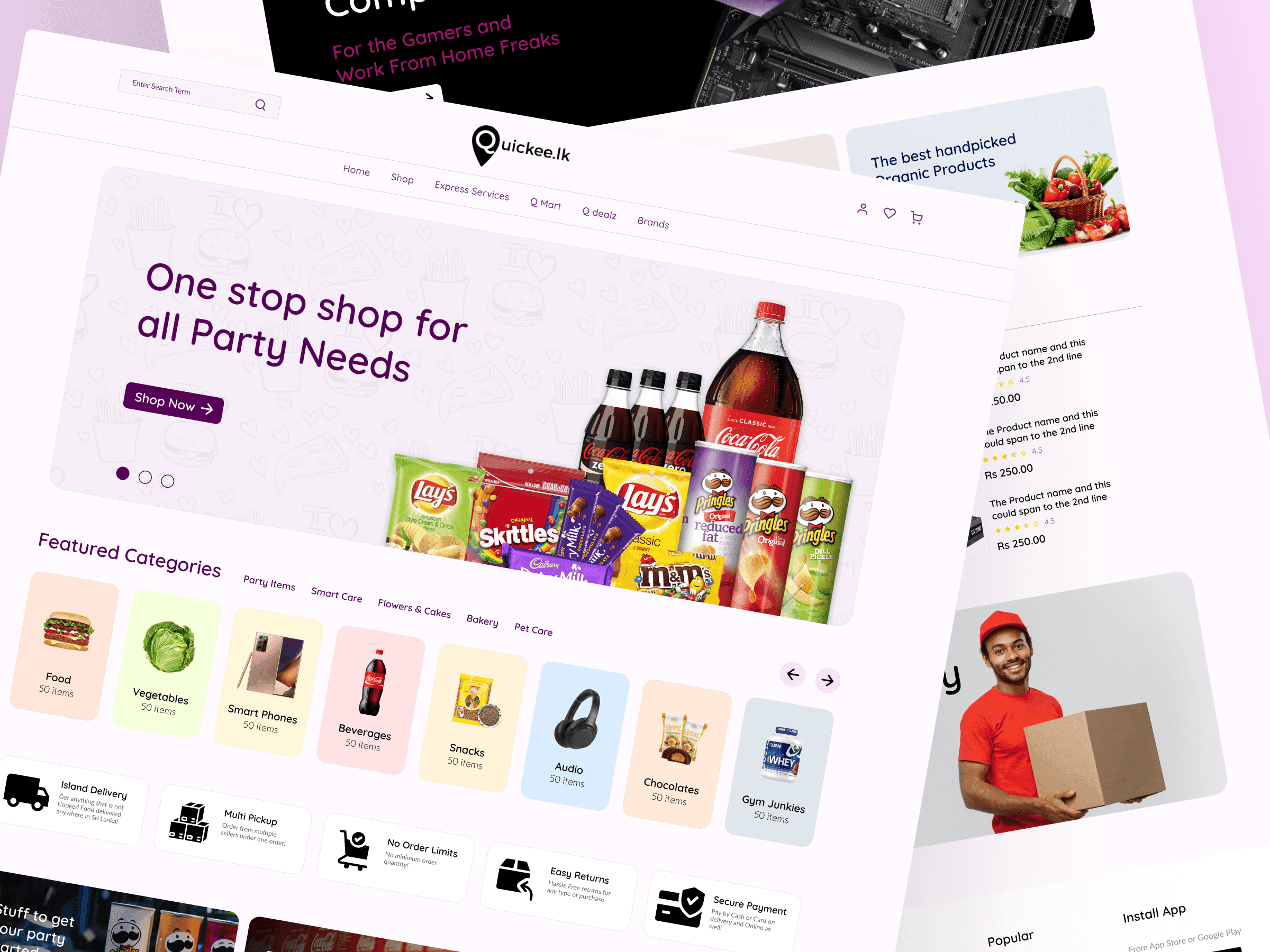 The Quickee.lk home page in soft purple: One stop shop for all party needs, featured categories as tiles, and delivery and returns promises.
